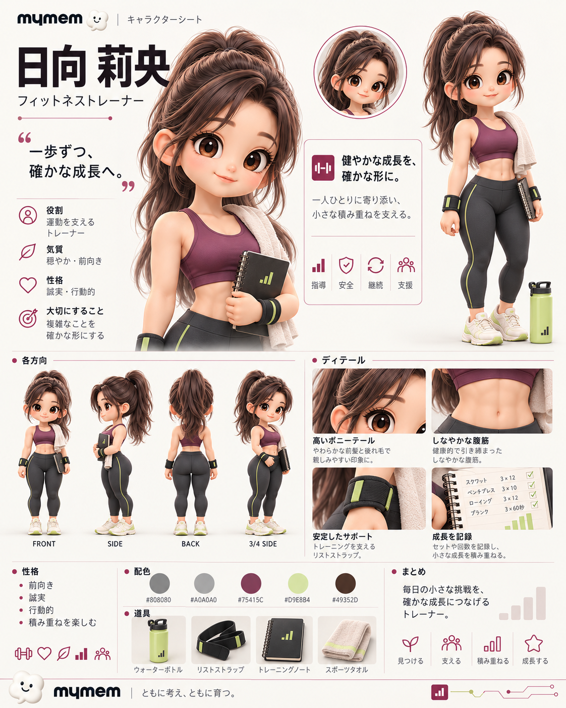 日向 莉央のデザイン仕様書。高いポニーテール、スポーツウェア、四方向の姿、リストストラップとトレーニングノート。